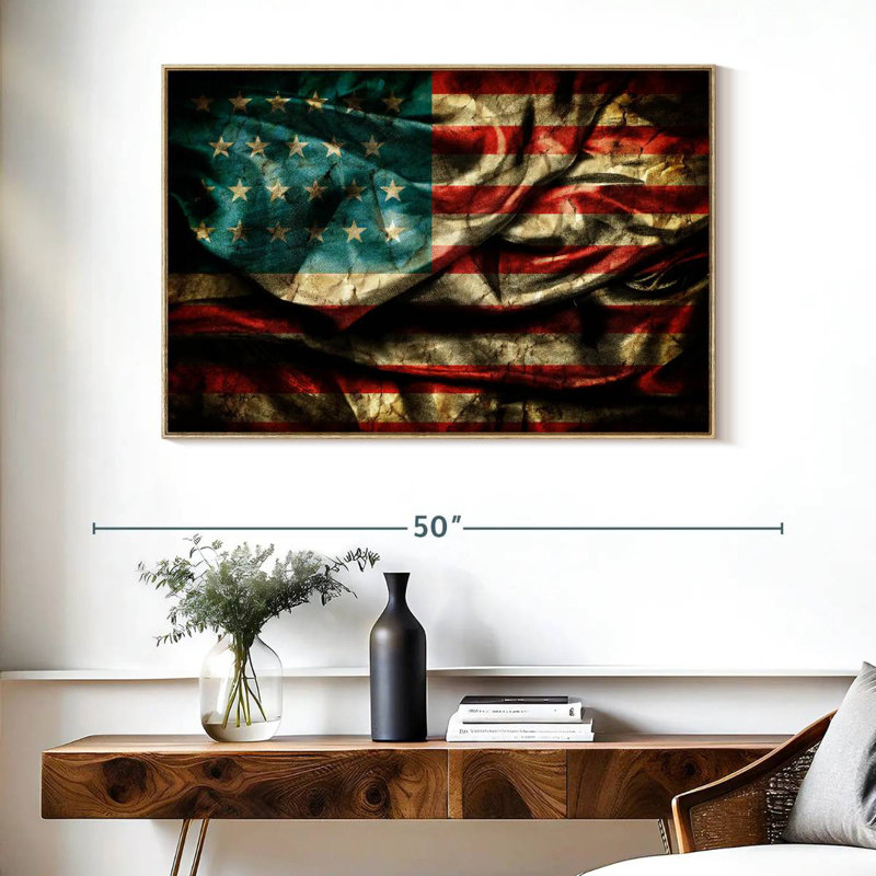 Drapeau américain sale, Cadre flottant en bois naturel, 40 po x 27 po
