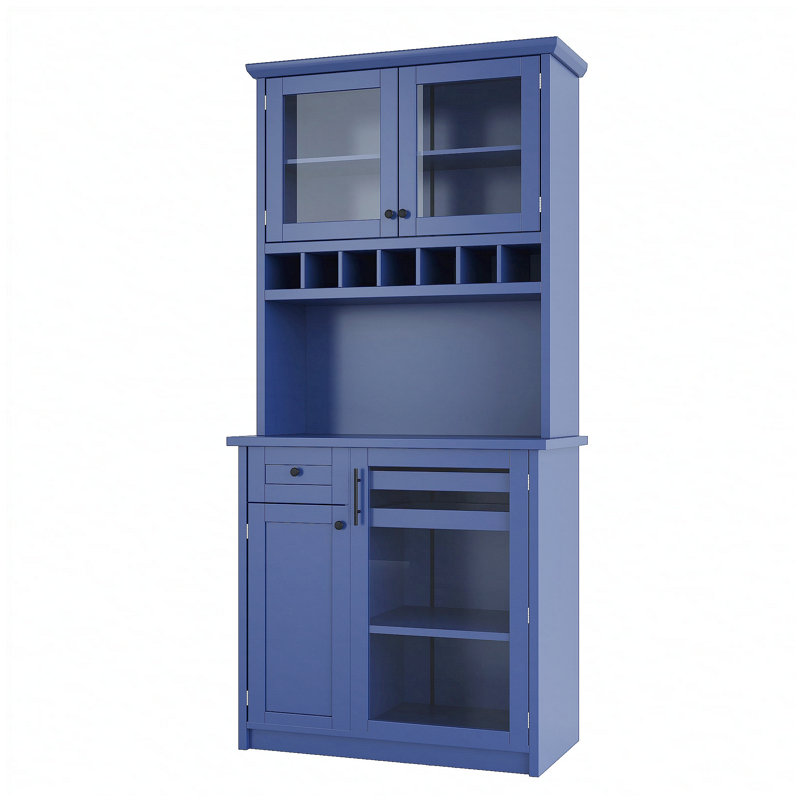 Buffet sur pied Farmhouse avec huche, grand garde-manger avec support à vin et tablettes réglables, bleu, Bleu