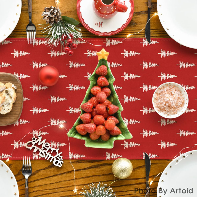 Xmas Tree Christmas Table Runner, Seasonal Winter Kitchen Dining Table Decoration For Home Party Decor, Red, 13" W x 108" L