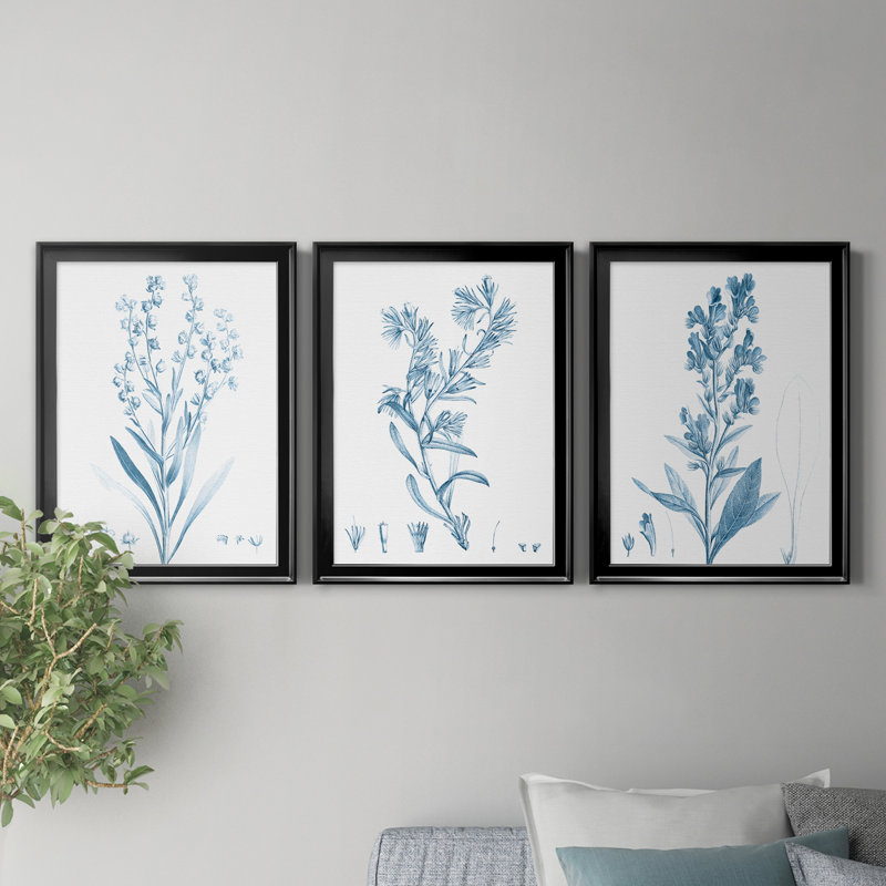 Antique Botanical In Blue I - Ensemble de 3 peintures sur toile encadrées, Noir, H 26,5 po x l 109,5 po x P 1,5 po