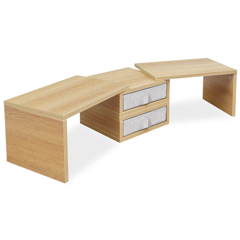 Dual Monitor Stand Riser with 2 Drawers-Length and Angle Adjustable shelf Riser with Storage, Maple