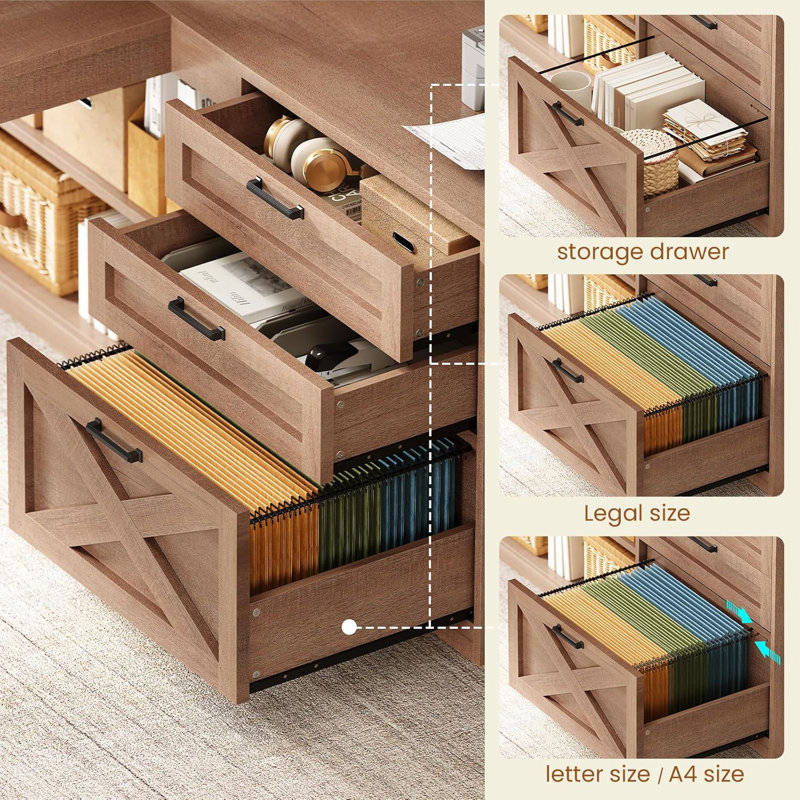 Bureau en L Farmhouse avec tiroirs, Naturel