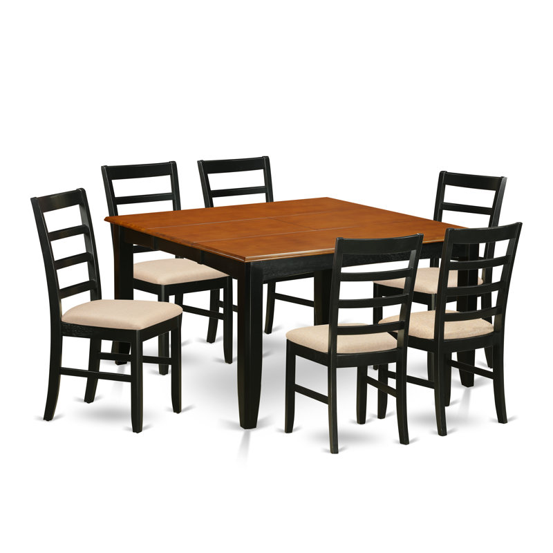7 Piece Modern Dining Table Set Consist of a Square Wooden Table with Butterfly Leaf and 6 Linen Fabric Kitchen Dining Chairs, 54x54 Inch, Black & Cherry