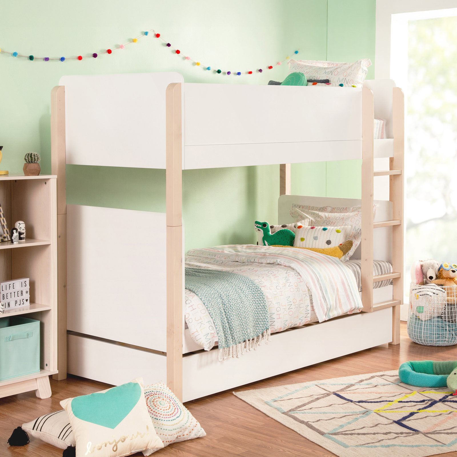 TipToe Twin Bunk Bed, White/Light Brown