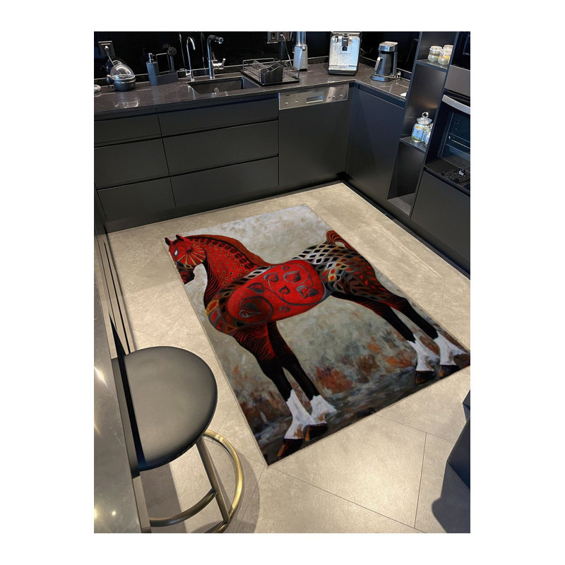 Tapis décoratif rouge à motif de cheval noble abstrait rouge lavable à la machine