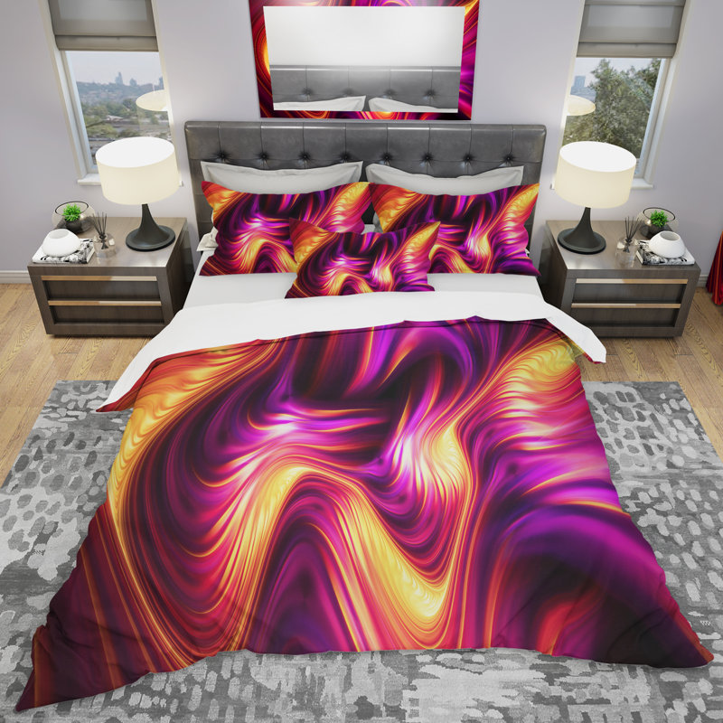Rose et orange fluidité - ensemble de housse de couette abstrait - polyester microfibre