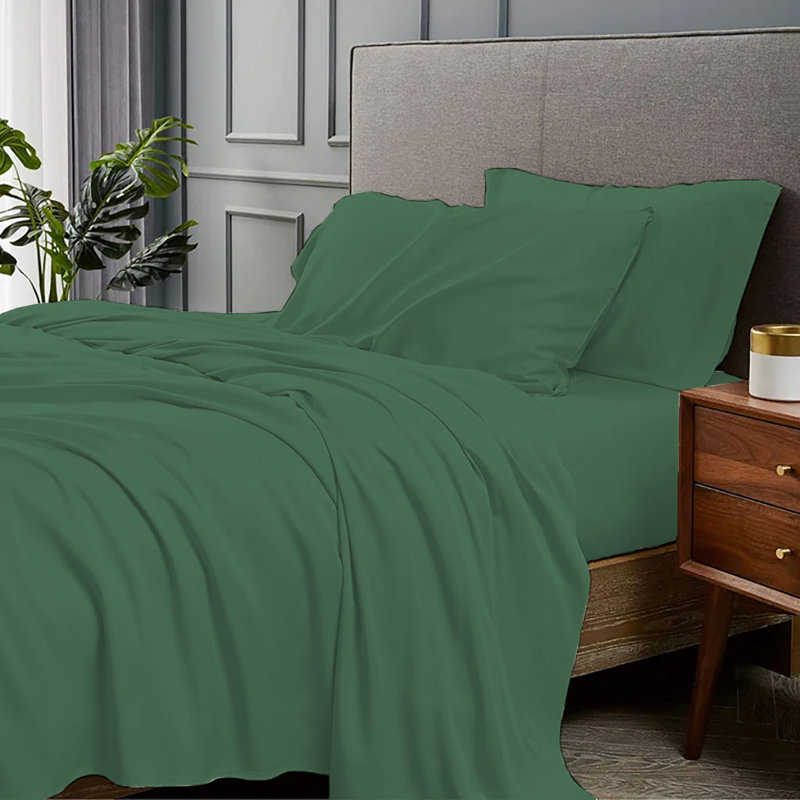 Ensemble de draps 4 pièces en rayonne de bambou, Ensemble de draps pour grand lit avec 2 taies d'or, Vert fougère