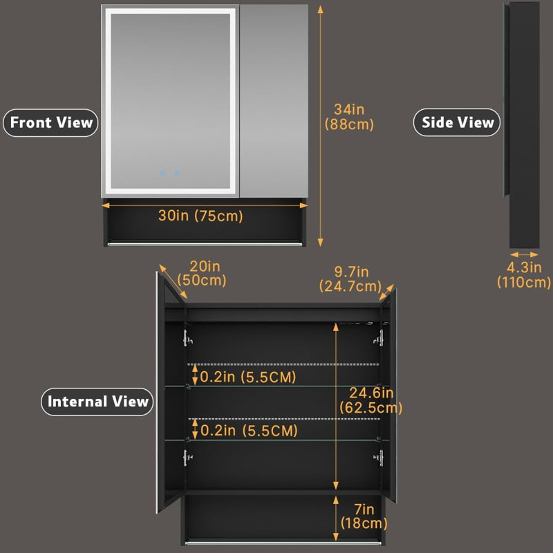 30"×34" Lighted Medicine Mirror Cabinet with Storage Adjustable Brightness 3 Color Temperature Lighting