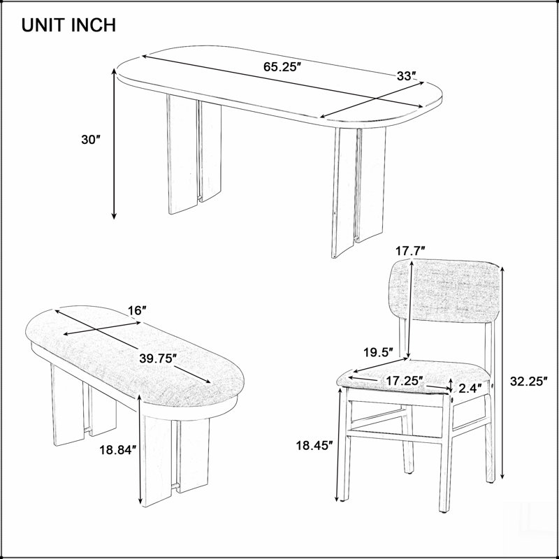 Solid Wood Dining Table Set with Bench - 6-Piece Upholstered Rectangular Dining Room Table Set with Bench