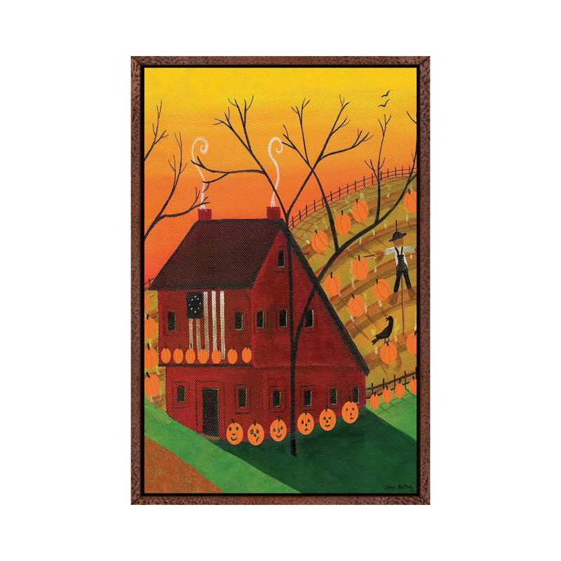 Sunset Pumpkin Saltbox by Cheryl Bartley - Print on Canvas, 66.04 cm H x 45.72 cm W, Classic Brown Wood Framed