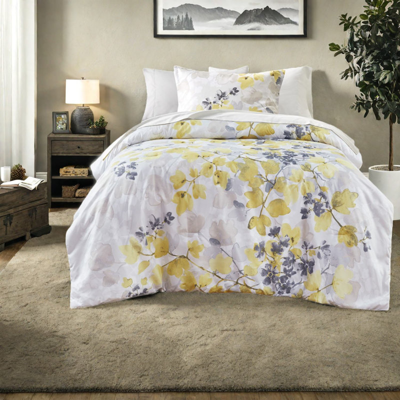 Modern Yellow Botanical Bedding Sets, Ultra Soft Microfiber Comforter With Storage Pockets