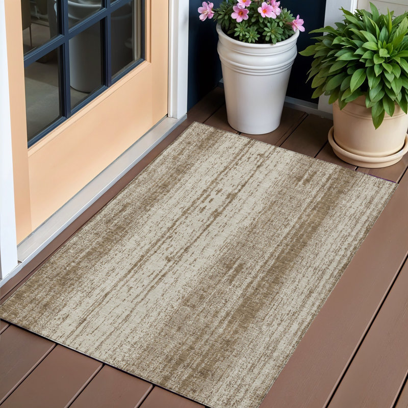 8' X 10' Brown And Ivory Striped Washable Indoor Outdoor Area Rug, Rectangle 8' X 10'