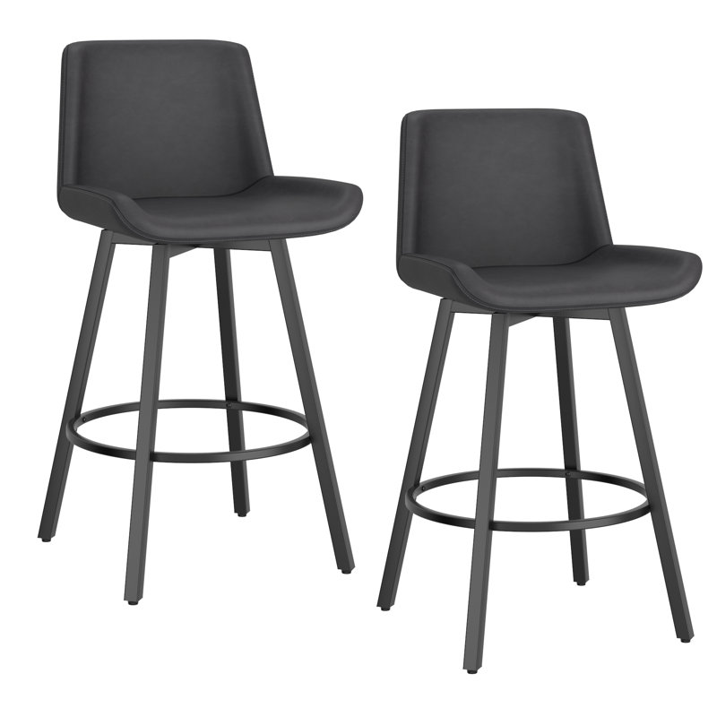 Glazier Modern Faux Leather And Metal 26" Counter Stool With Swivel, Set Of 2 - Vintage Ivory And Black, Charcoal