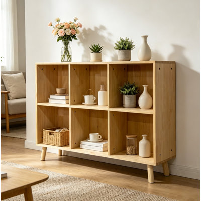 6 Cube Wooden Storage Shelf, Freestanding Open Bookcase with Legs, Natural Solid Wood Cubby Organizer for Living Room, Bedroom, Office, Entryway