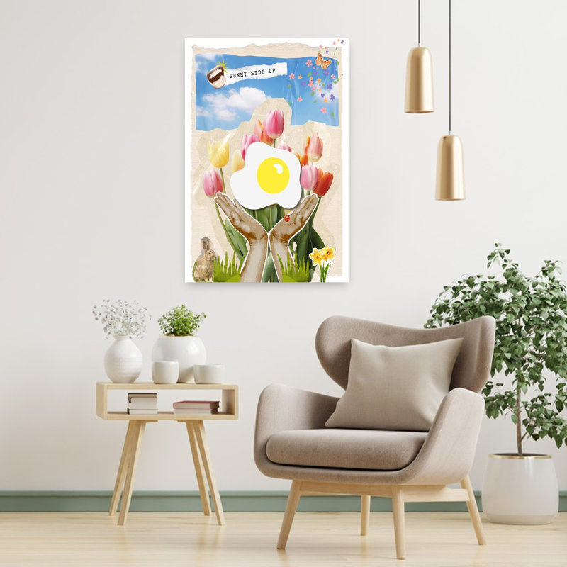 «Sunny Side Up Spring», impression colorée, fantaisiste, papillon, coccinelle, jonquille, printemps, art mural, 36" H x 24" W