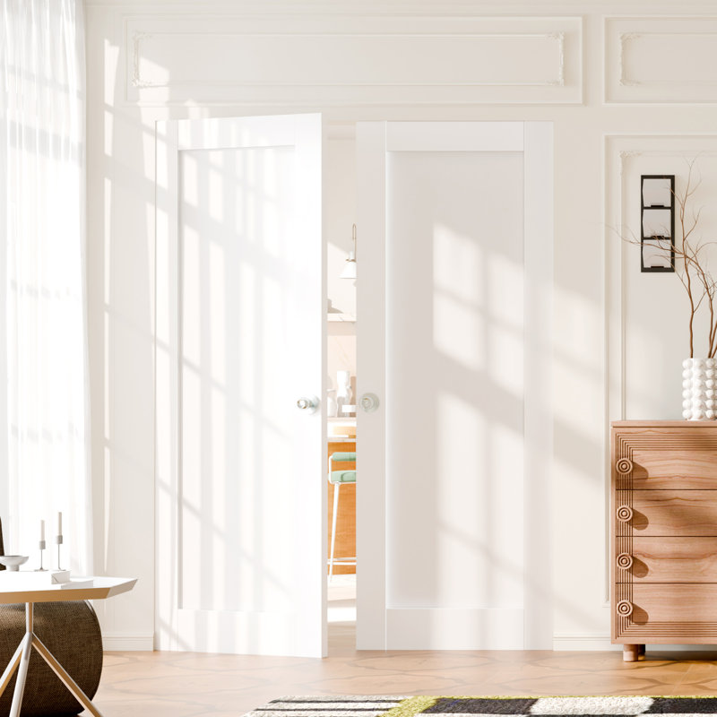 Porte intérieure à dalle - 2 panneaux de panneau de fibres à densité moyenne blanc de style Shaker avec porte à peindre avec poignée, quincaillerie non incluse