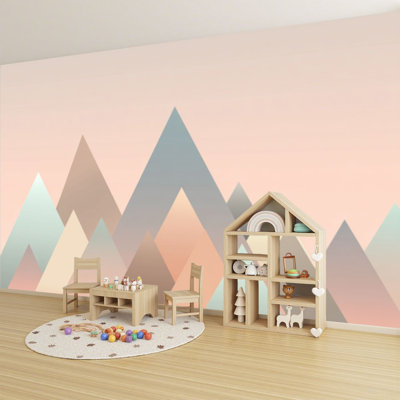 Peel and Stick papier peint minimaliste Scandi Mountain Nursery, affiches murales aux tons pastel H 69 po x l 96 po, amovible, papier mural en PVC, décoration murale auto-adhésive pour chambre à coucher, bureau à domicile