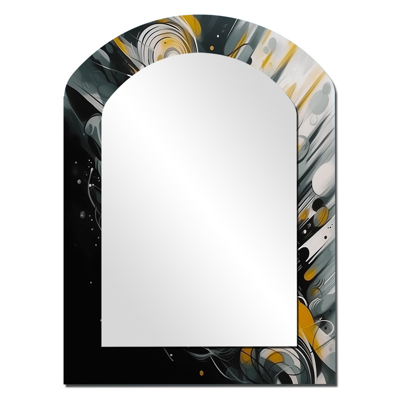 Grey And Yellow Infinite Geometry II - Abstract Arch Decorative Mirror On Metal, 34" x 25"