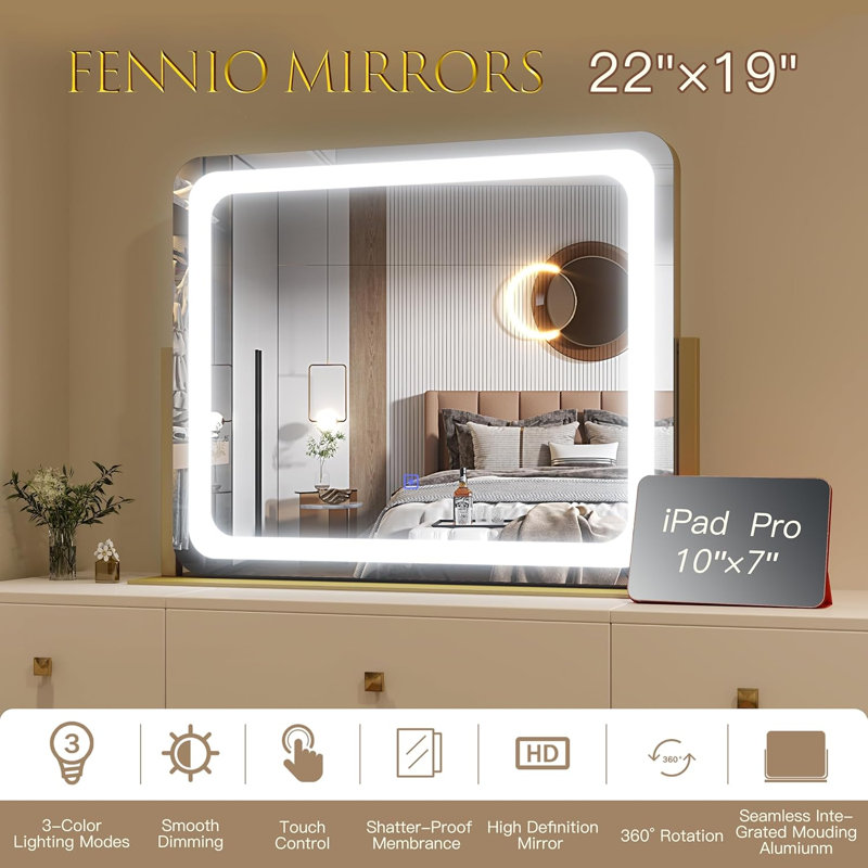 Miroir de maquillage à DEL avec contrôle tactile, éclairage 3 couleurs et luminosité à intensité variable, grand miroir de coiffeuse incassable pour un toilettage précis et une application de maquillage