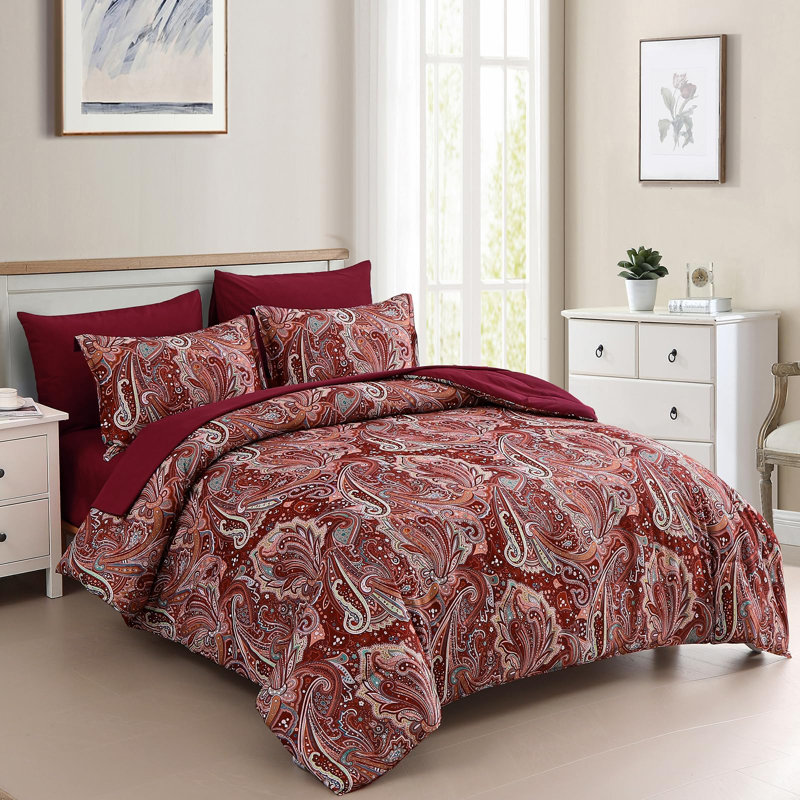 Ensemble de literie 7 pièces Boho Paisley, Grand édredon et 6 pièces supplémentaires, Cachemire rouge