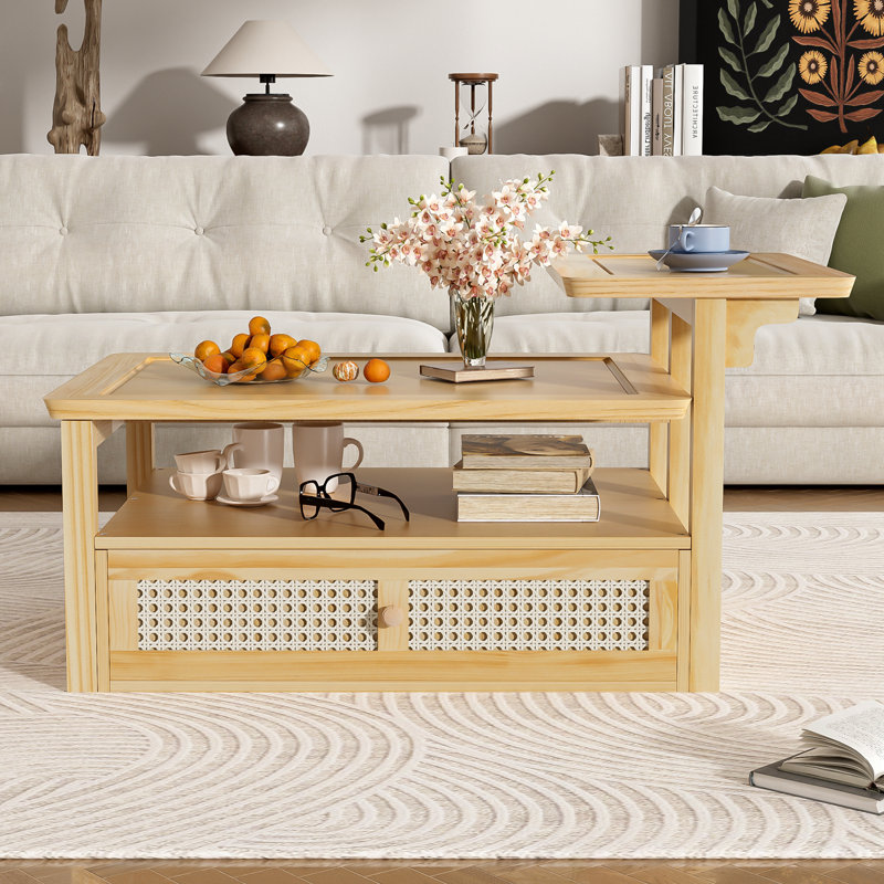 Table basse avec 1 tablette de rangement et 1 tiroir en rotin, Naturel