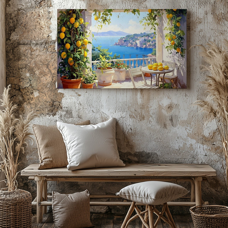 Art mural sur toile, terrasse méditerranéenne ensoleillée, bord de la citronnelle et vue sur la mer, H 20 po x l 30 po