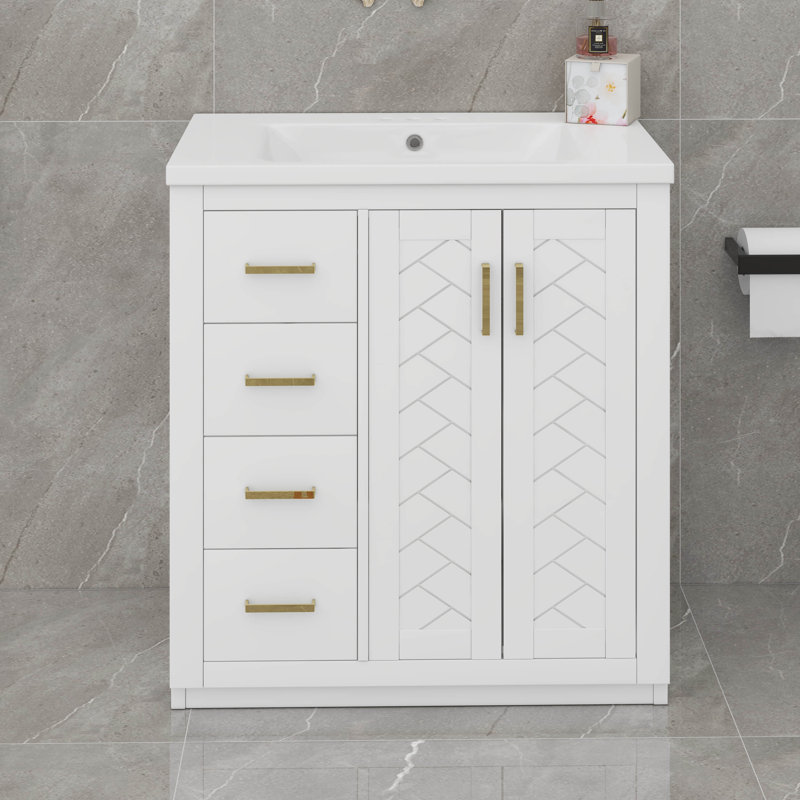 Meuble-lavabo 30 po avec lavabo, meuble-lavabo en bois massif avec 3 tiroirs, Blanc
