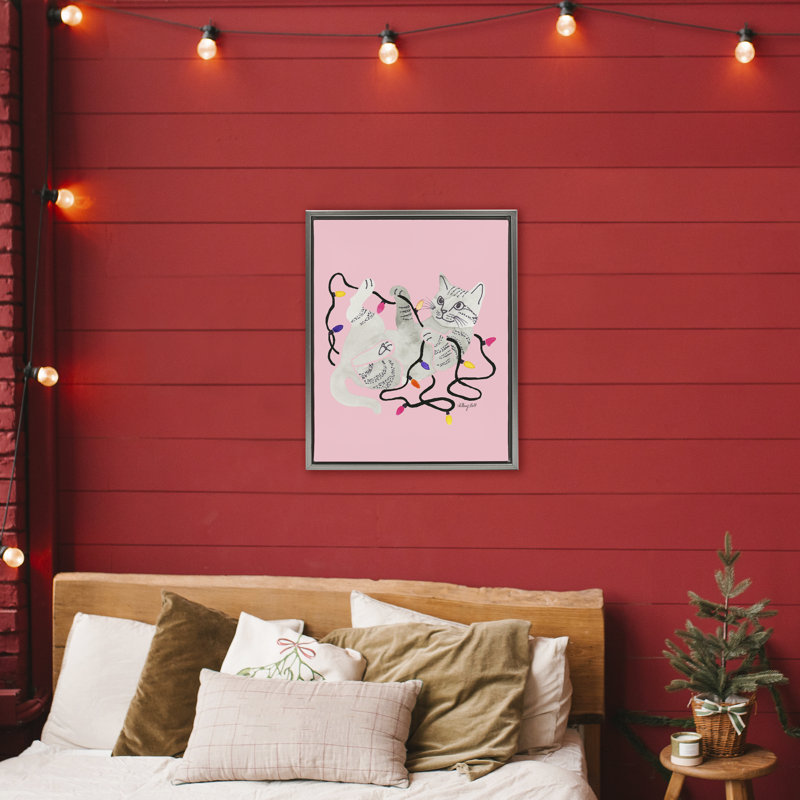 Chat avec lumières flottantes roses, cadre par Hillary Holt, Cadre flottant gris lustré, H 31 po x l 25 po