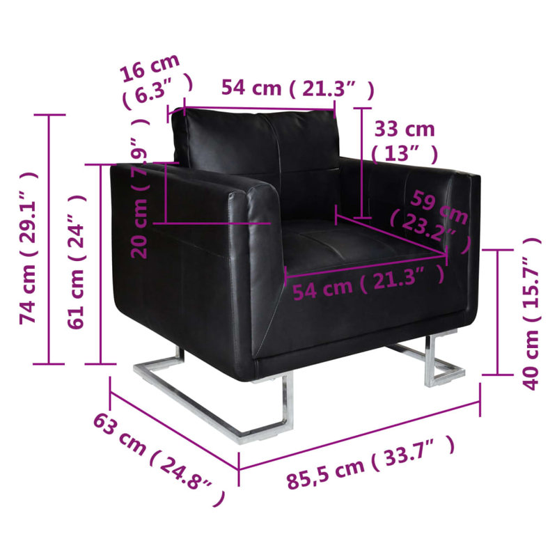 Fauteuil cubique avec pieds en cuir chromé, Match en cuir noir