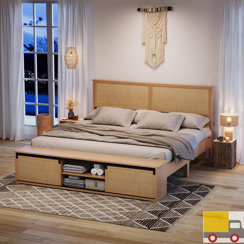 King Size Boho Rattan Bed Frame with LED Headboard, Sliding Barn Door Storage Cabinet, Solid Wood Legs & Slats, No Box Spring Needed, Farmhouse Platform Bed