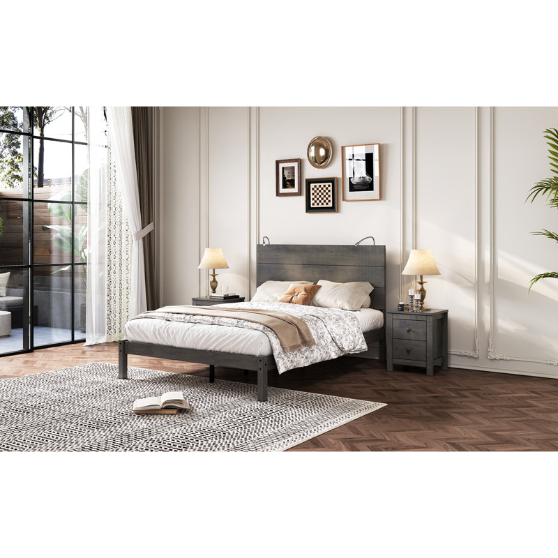 Ensemble de chambre à coucher 3 pièces, lit plateforme double avec table de chevet 2 tiroirs