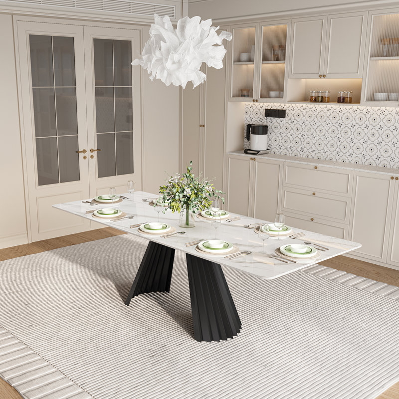 Table de salle à manger extensible 63 "à 94" rectangulaire en pierre frittée pour 6 à 6 personnes avec plateau en pierre frittée et base en métal