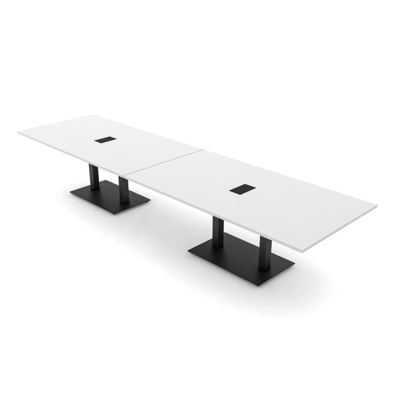 Table de conférence rectangulaire avec base en métal double | Unité électrique, Noir mat, L 168 po x l 48 po, Blanc classique