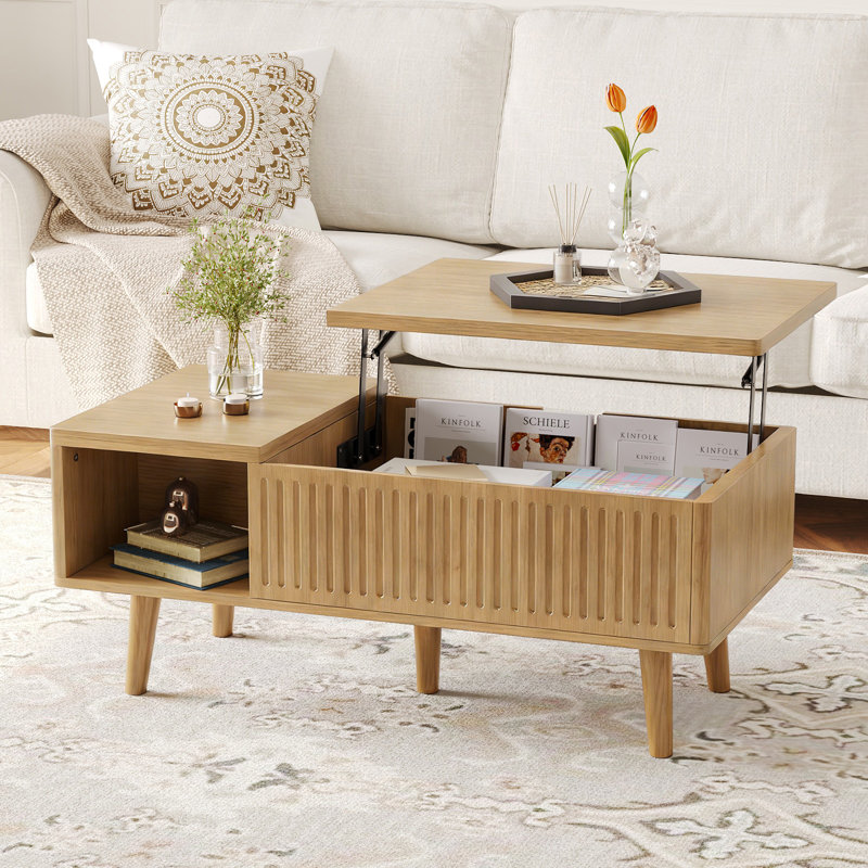 37" Lift Top Coffee Table, Fluted Modern Rectangle Center Table With Storage, Wood Living Room Center Table With Open Storage Cubby, For Home Office, Small Space