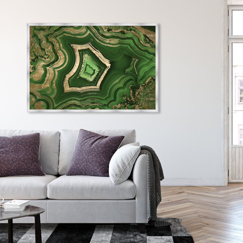 «Green Emerald Abstract Geode Glam», reproduction d'art moderne encadrée pour le bureau, H 38 po x l 38 po, Cadre doré