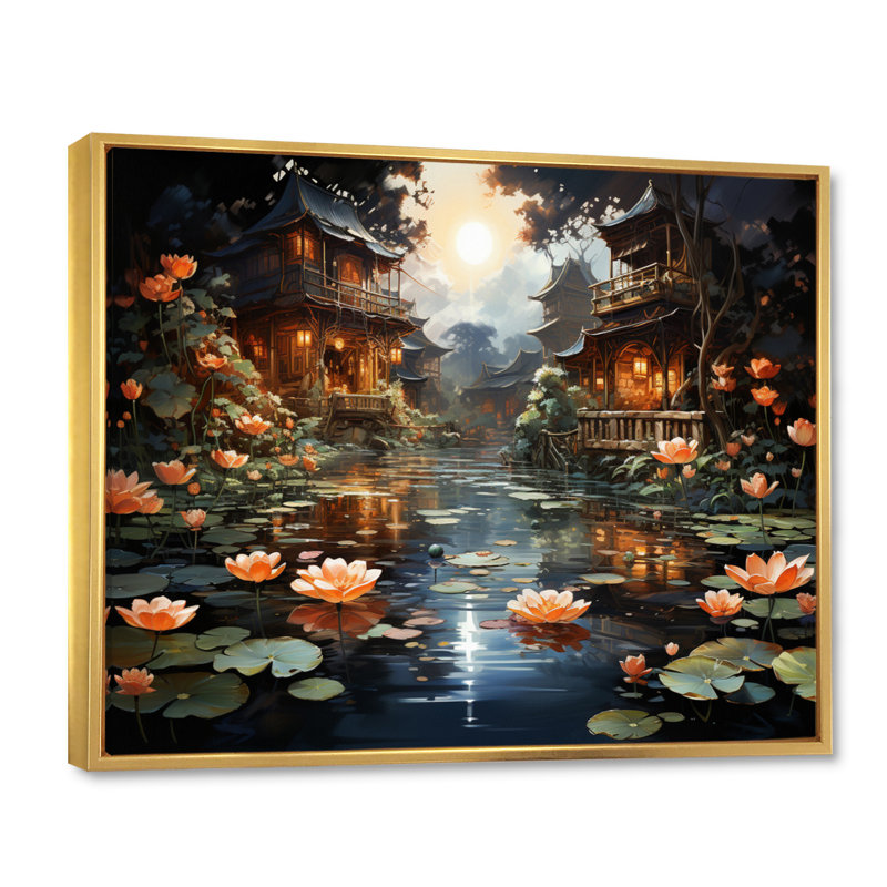 «Mariannah China Art Lotus Lantern II», reproduction, H 24 po x l 32 po x P 1 po, Cadre flottant doré