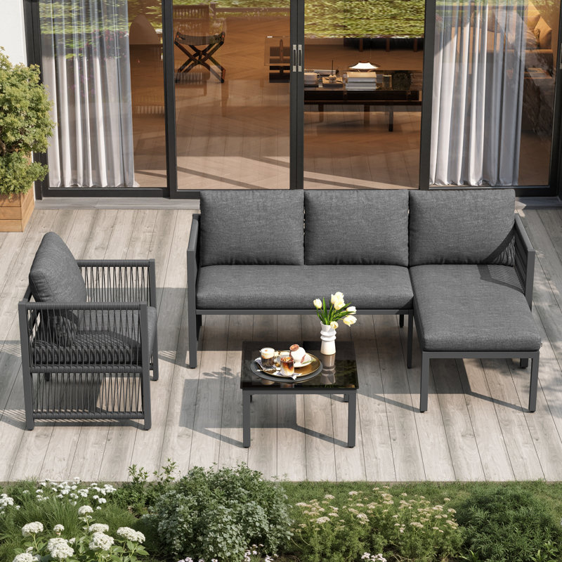 4-5 Seat Modular Outdoor Sofa Set With Glass Table & Polyester Rope