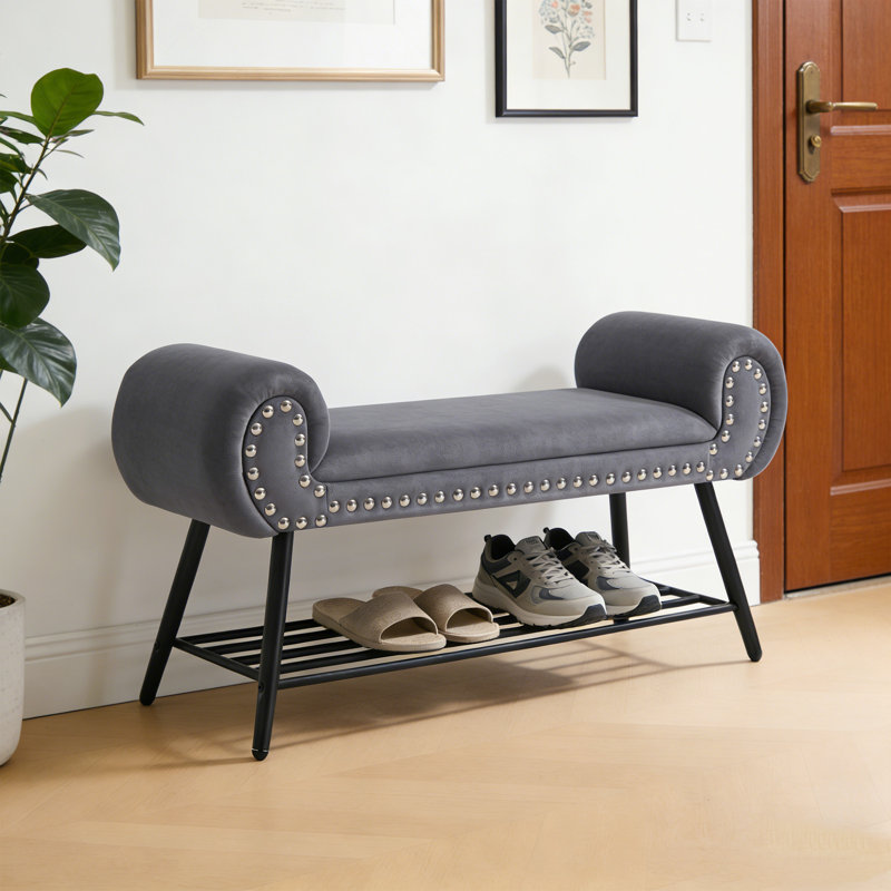 Banc de rangement rembourré l 45 po avec range-chaussures, Gris