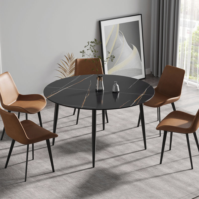 Table de salle à manger ronde 53,15 po en pierre artificielle noire avec pieds en métal pouvant accueillir 6 personnes., Noir