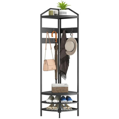 Black Industrial Corner Hall Tree, 4-Tier Coat Rack with Shoe Storage, 8 Movable Hooks & 2 Shelves