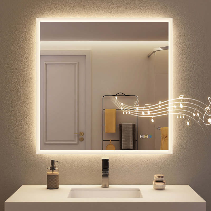 Wall-Mounted Bathroom Mirror with Lights, Fog-free, Inside Bluetooth Speaker, 80cm H x 80cm W