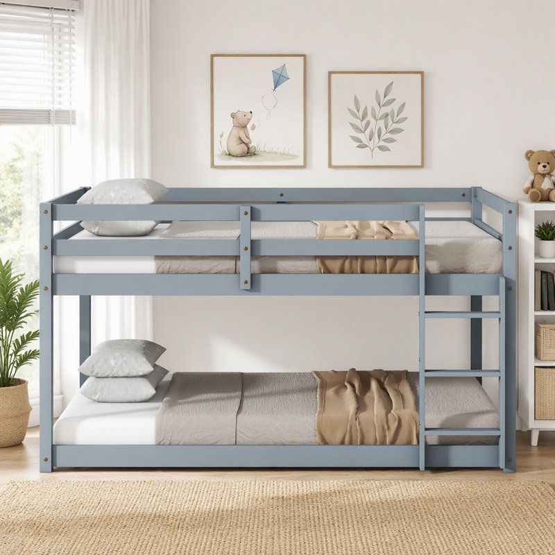 Lit superposé simple au-dessus d'un lit simple en bois massif avec plateau en lattes renforcées, Gris