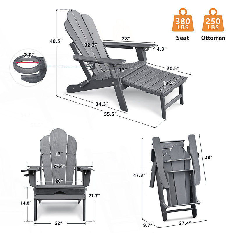 Chaise pliante Adirondack d'extérieur avec repose-pieds, chaise de foyer d'extérieur pliable en PEHD toutes saisons, Gris