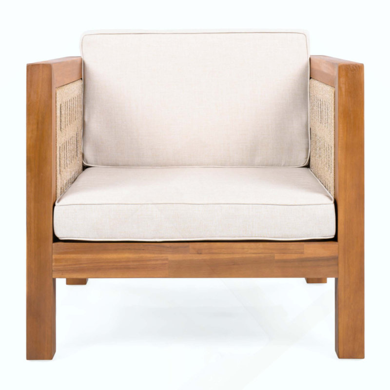 Fauteuil club d'extérieur en bois d'acacia avec accoudoirs en corde et coussins, capacité de 400 lb