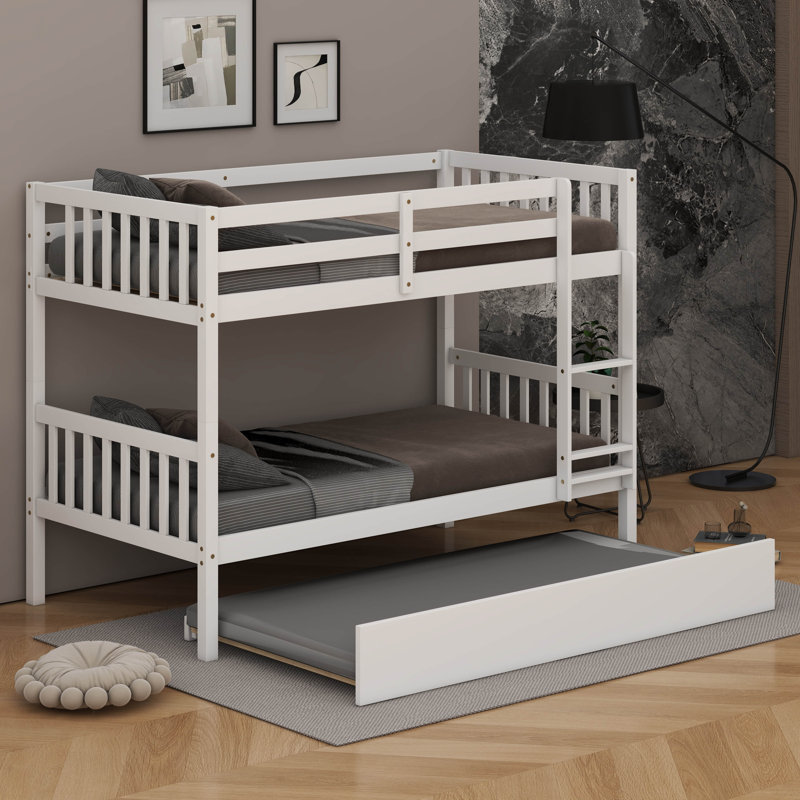 Twin Over Twin Rubber Wood Bunk Bed – Twin-Size Trundle, Ladder, Safety Guardrails + Convertible To Twin Beds, White