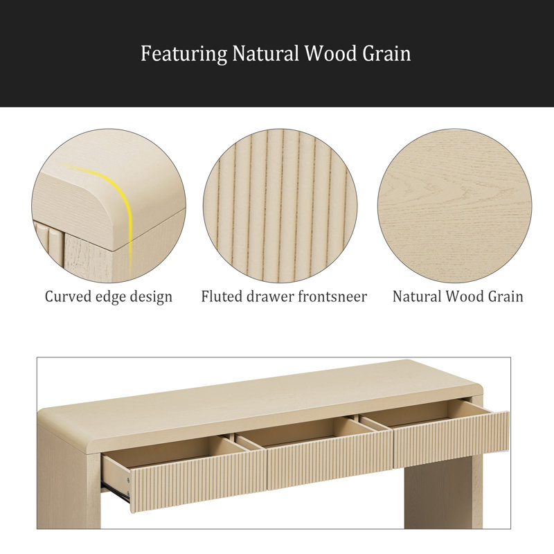 Console rustique avec 3 tiroirs cannelés - Table d'entrée en placage de bois massif avec grain de bois naturel pour le salon, le couloir