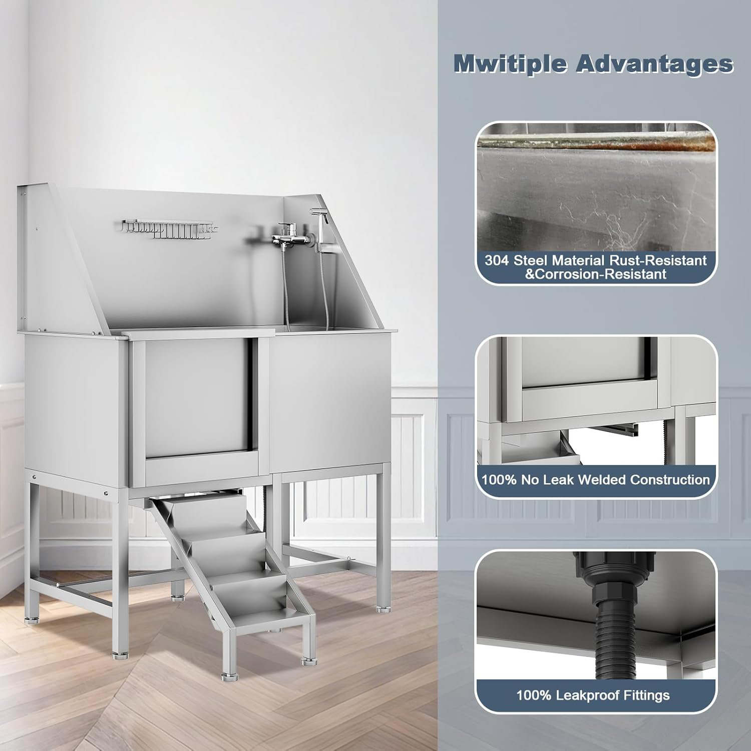 Bath Tub 50 Inch Dog Washing Station, Stainless Steel Dog Bathtub