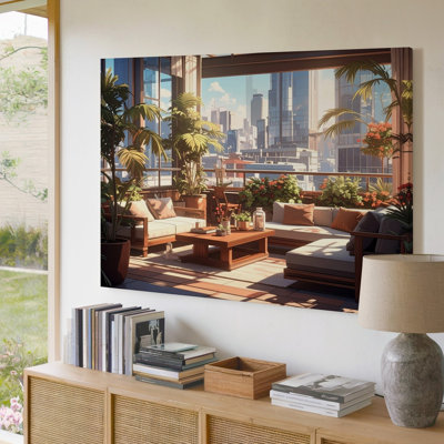 Toile d'art mural Un élégant salon sur le toit pendant la journée alliant lumière naturelle et confort moderne de qualité supérieure prêt à accrocher moderne