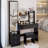 Full Body Mirror Cabinet + Round Mirror LED Vanity Table + Cushioned Stool, 17" Diameter LED Mirror, Touch Control, 3-Color, Brightness Adjustable, Large Desktop, Multi-Layer High Capacity Storage