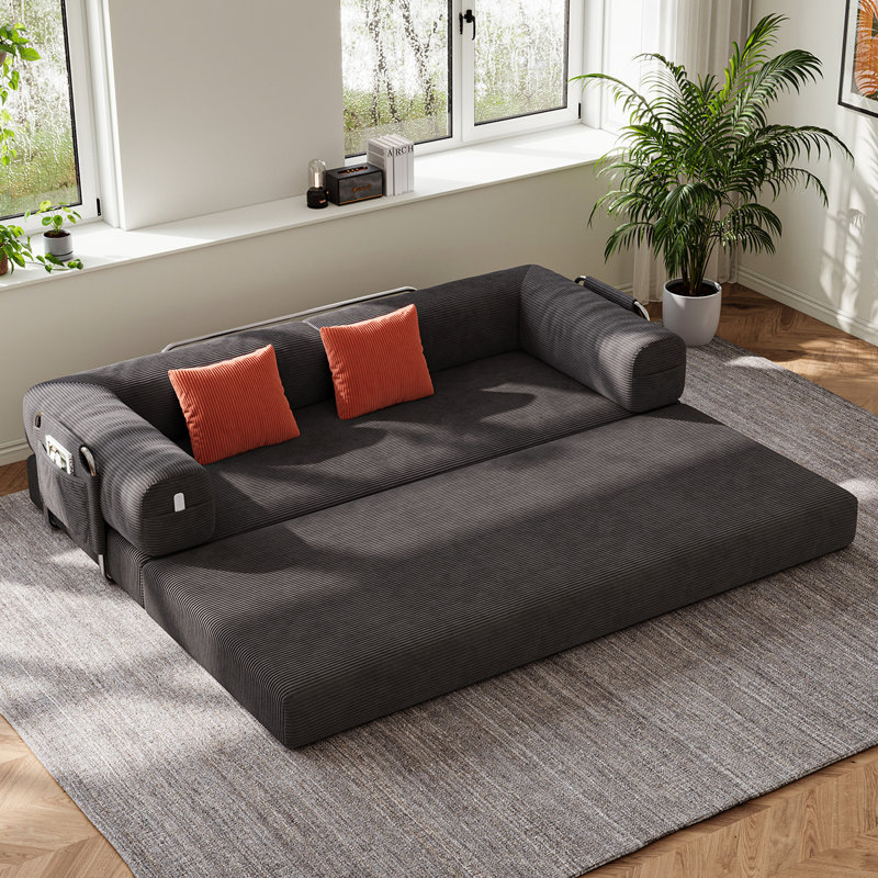 Canapé-lit convertible noir 78,7 po avec 2 coussins, canapé-lit pliant en velours côtelé, aucun assemblage requis, canapé sans os, canapé de plancher